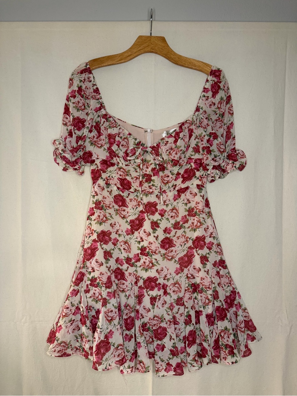 3/$20 Rose-Print Puff Sleeve Mini Dress in Pink Floral Mesh Flutter Skirt